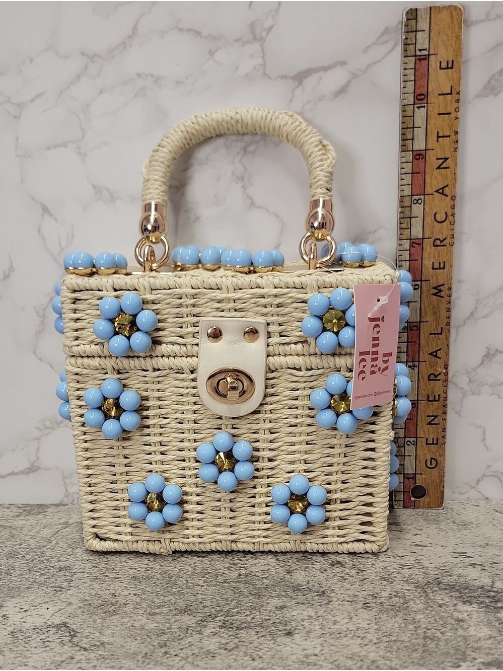 Daisy Embellished Straw Bucket Bag | Rattan Flower Box Purse by Jenna Lee - Picture 5 of 8